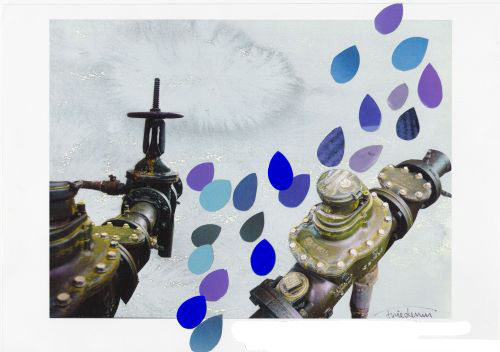 Waterconnection - Illustration von Dr. Friederun Friederichs-Hardt aus Herrenberg zur Regenbogengeschichte von Bali Tollak - Mischtechnik; Aquarell, collagiertes Foto als Farbkopie, beklebt mit Papierwassertropfen - Der Weg des Wassers 2002